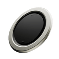 Circular device with a black surface and a silver outer ring, featuring two small ports.