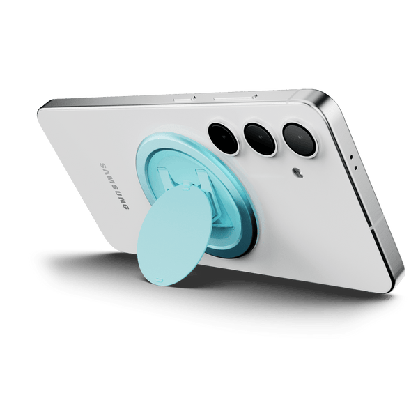 A smartphone with a blue snap grip attached to its back, showcasing the grip's design and functionality.
