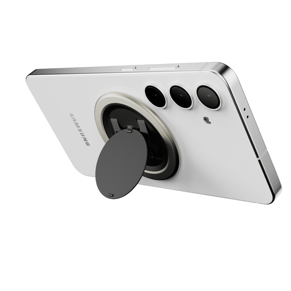 White smartphone with a circular grip attachment on the back, featuring three camera lenses and a Samsung logo.