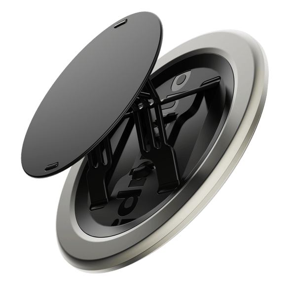 Black circular grip with a silver rim and adjustable support arms inside.
