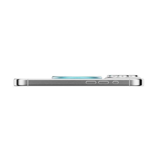Side view of a smartphone with a circular attachment and buttons on the side.