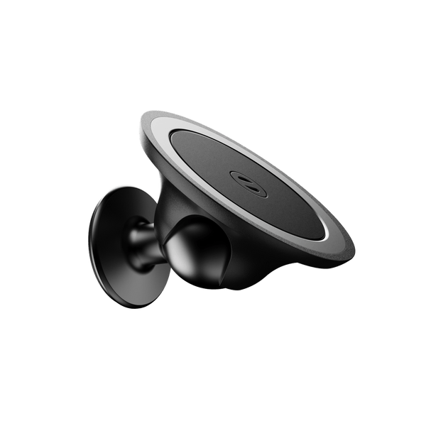 Black car mount with a circular base and a smooth surface for attaching devices.