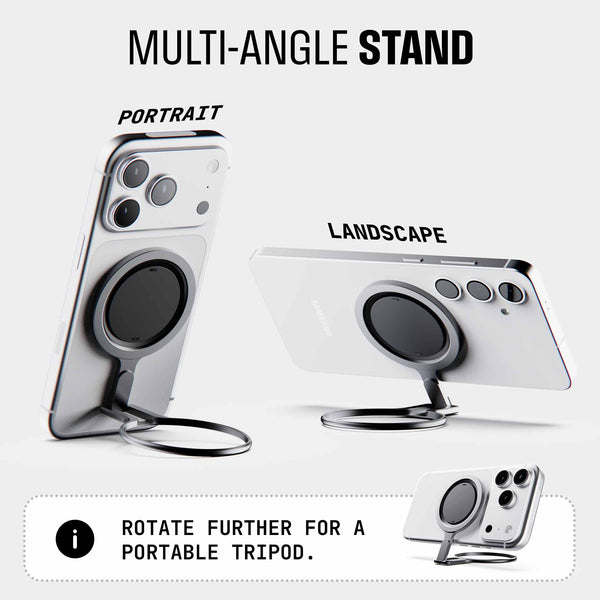 Multi-angle phone stand shown in portrait and landscape orientations, with a note about tripod functionality.