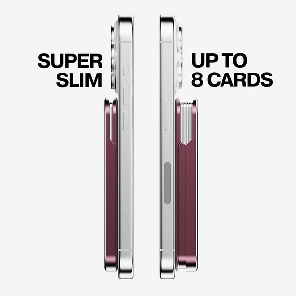 Two wallets shown side by side, one slim and one holding up to 8 cards, highlighting their thickness.