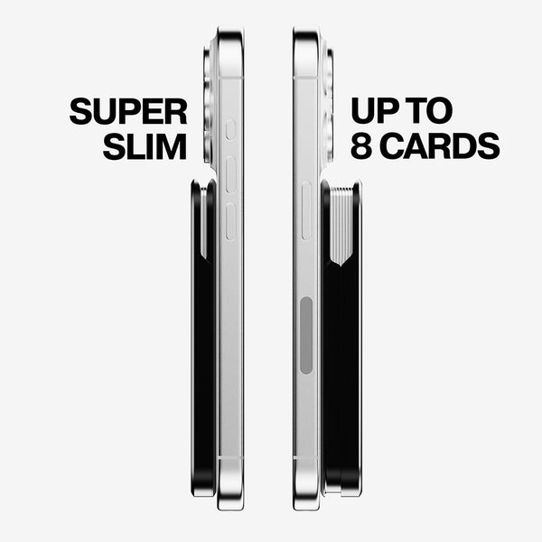 Two slim wallets shown side by side, one holding up to 8 cards, highlighting their compact design.