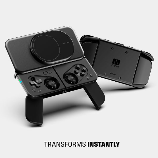 Black gaming controller with a detachable design and adjustable stand, featuring buttons and a touchpad.