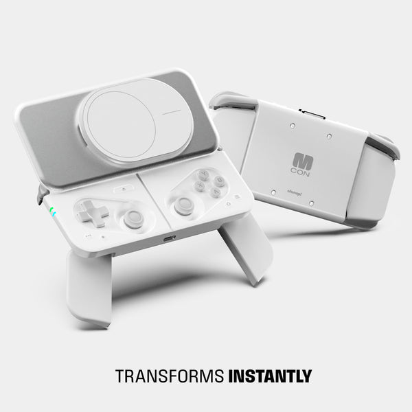 Portable gaming controller with a foldable design and multiple buttons for gameplay.
