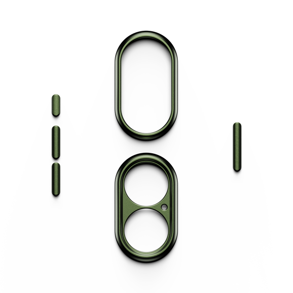 Green trim kit pieces for a snap case, including various shapes and sizes for customization.