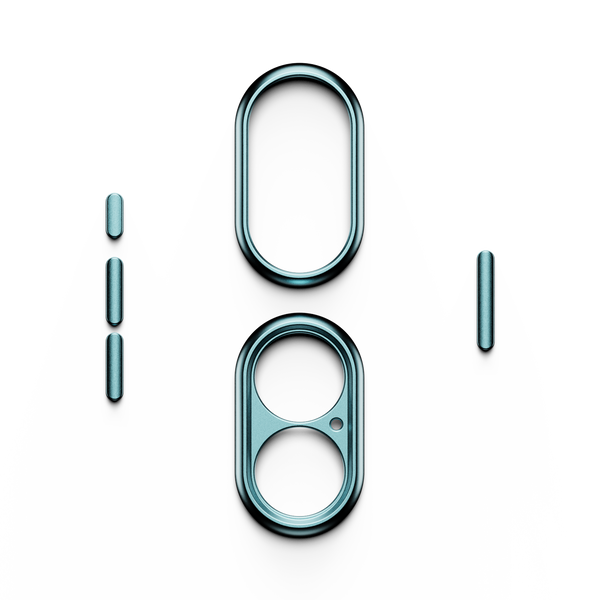 Trim kit components in teal, including two oval pieces and several small strips, arranged on a white background.
