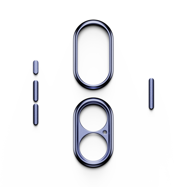 Trim kit components in a metallic blue finish, including various shapes for a snap case.