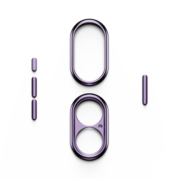 Purple trim kit components arranged on a white background, including two frames and several small pieces.