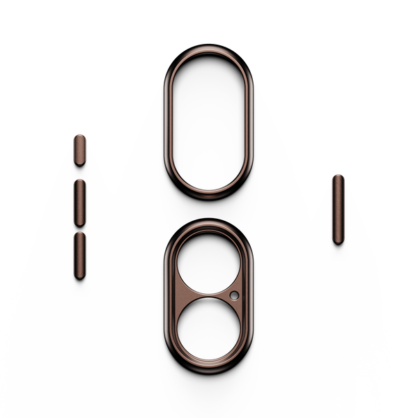 Bronze trim kit components for a snap case, including various shapes and sizes.