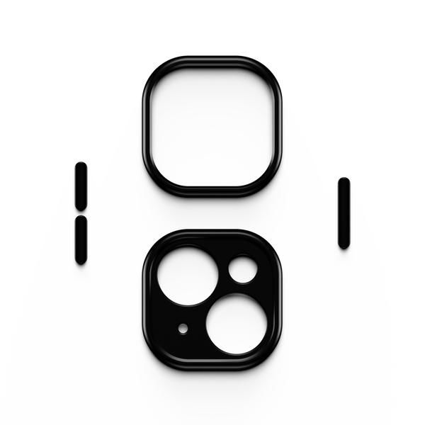 Black trim kit components for a snap case, including two camera lens covers and two side buttons.