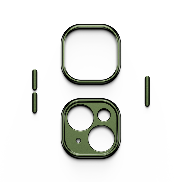 Green trim kit components for a snap case, including a square frame and circular camera cutouts.