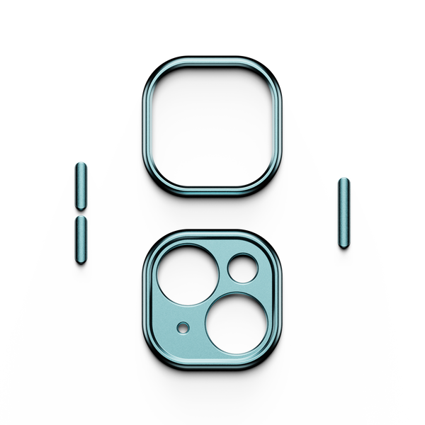 Trim kit components in teal, including a square frame and two circular pieces for a snap case.
