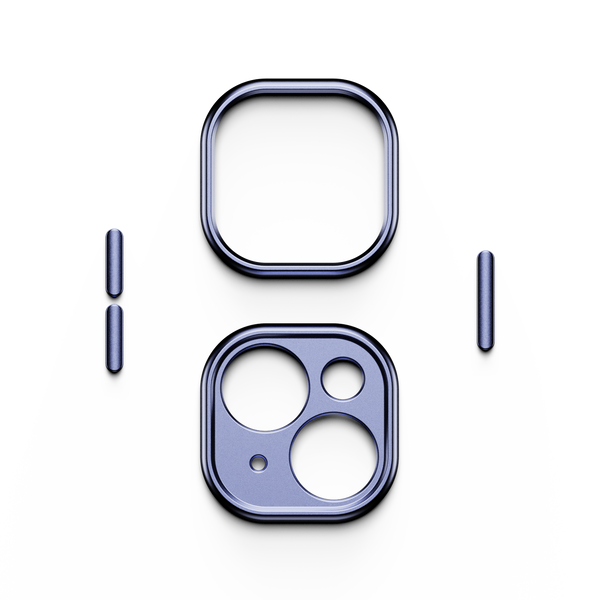 Trim kit components in a blue finish, including a square frame and a camera lens cover with circular cutouts.