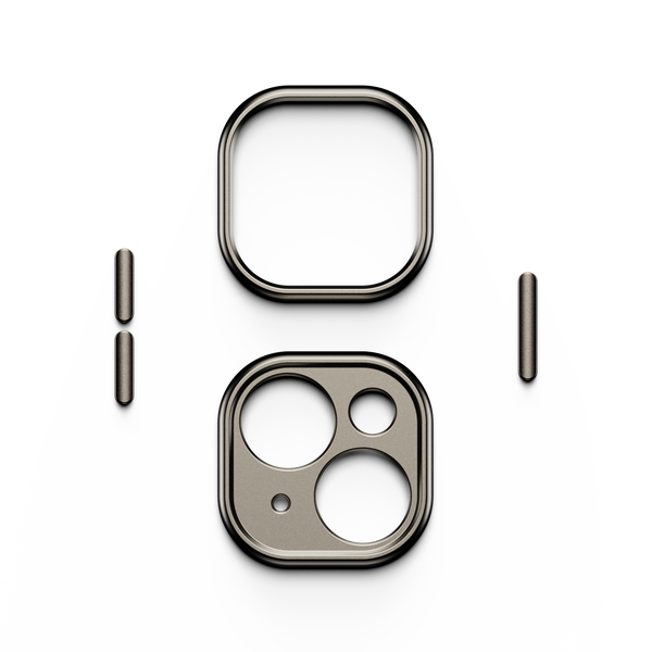 Trim kit components including a square frame and a rectangular piece with circular cutouts, all in a metallic finish.