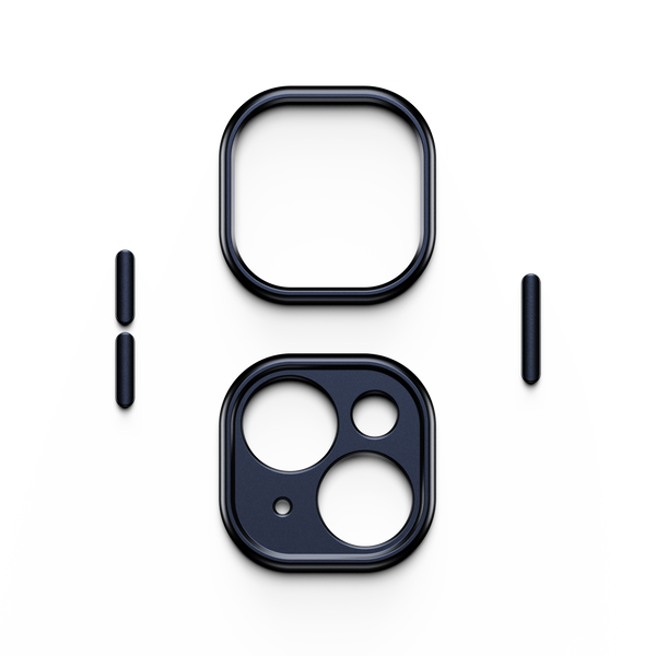 Black trim kit components for a snap case, including two camera cutouts and side buttons.
