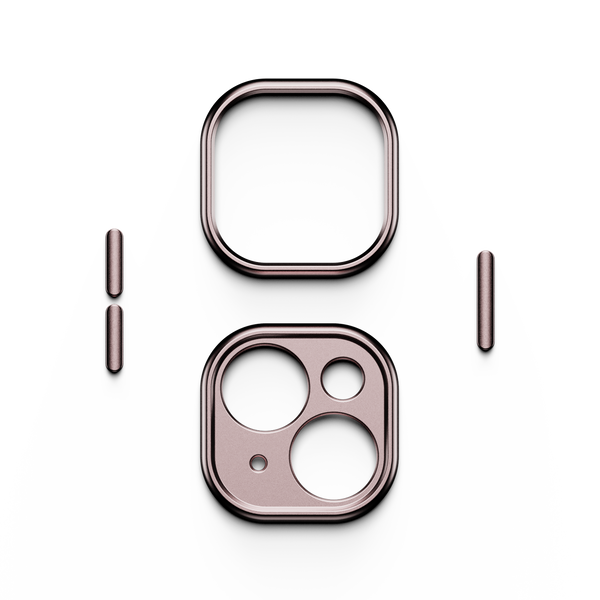 Trim kit components in rose gold, including a square frame and a rectangular piece with circular cutouts.