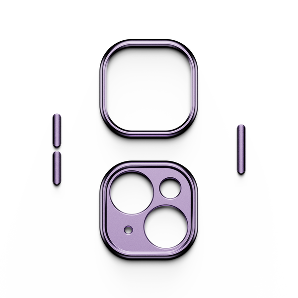 Purple trim kit components for a snap case, including a square frame and a camera lens cover.