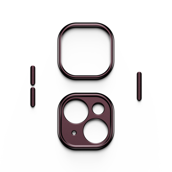 Trim kit components in a burgundy color, including a square and a rectangular snap case with cutouts.