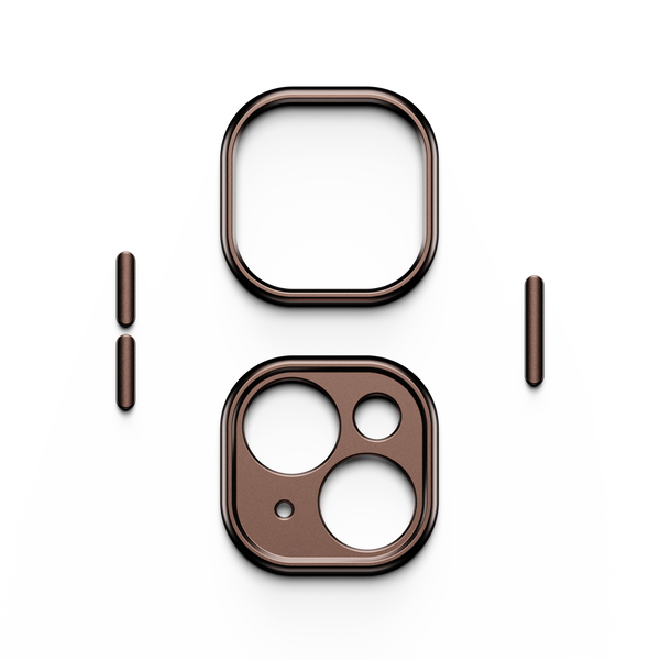Trim kit components in bronze color, including a square frame and a rectangular piece with circular cutouts.