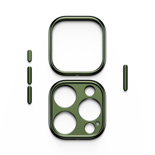 Green trim kit components for a snap case, including a square frame and circular camera cutouts.