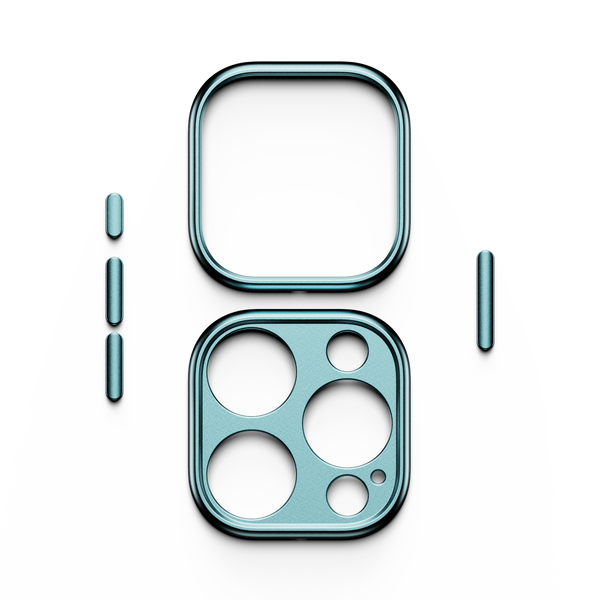 Trim kit components in teal, including a square frame and a piece with circular cutouts.