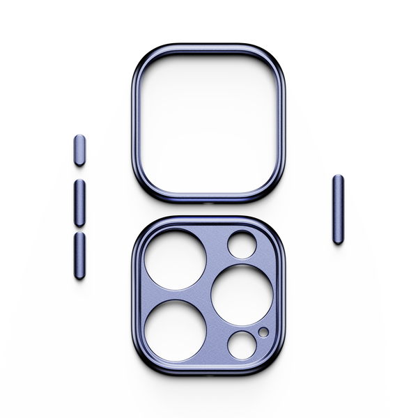 Trim kit components in a blue metallic finish, including a square frame and camera lens cover.
