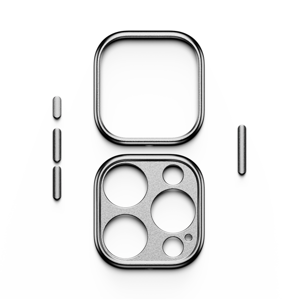 Trim kit components including a square frame and a camera lens cover with circular cutouts.