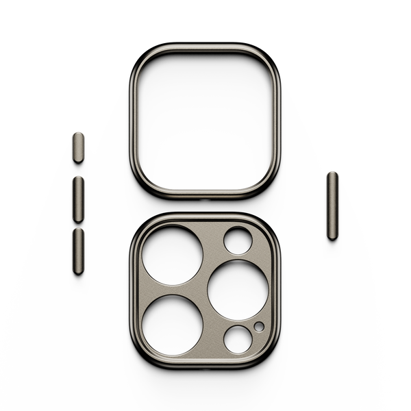 Trim kit components including a snap case and camera lens cover in a metallic finish.