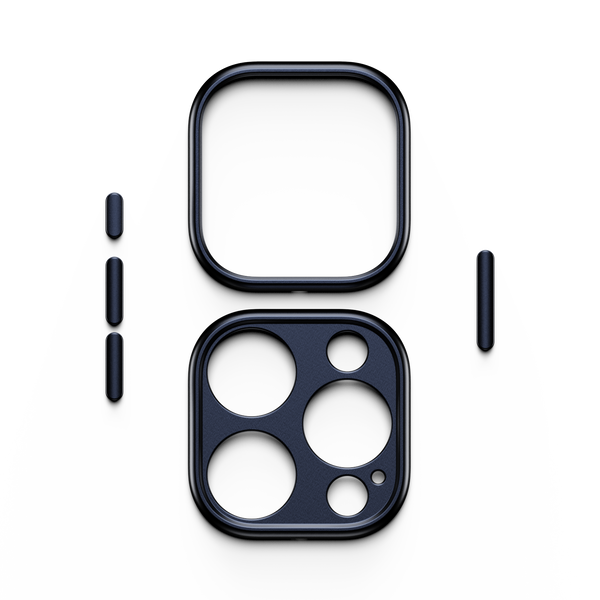 Trim kit components in navy blue, including a square frame and circular camera cutouts, arranged on a white background.