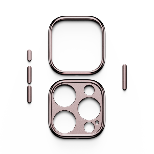 Trim kit components in rose gold, including a square frame and a camera lens cover with circular cutouts.