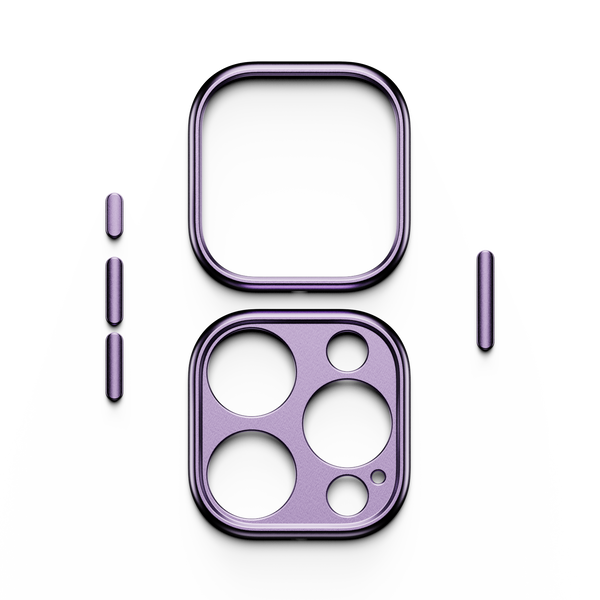 Purple trim kit components for a snap case, including a camera lens cover and side buttons.