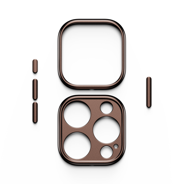 Brown trim kit components for a snap case, including a camera frame and side buttons.