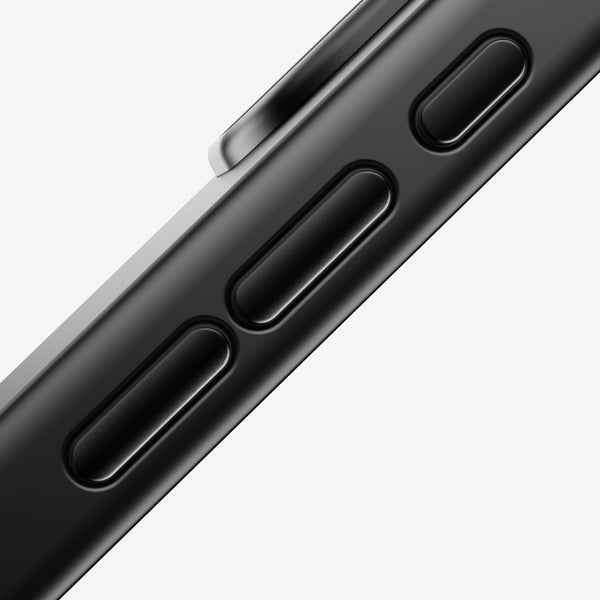 Close-up of a black snap case showing volume buttons and a sleek edge design.