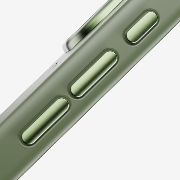 Close-up of a green snap case showing volume and power buttons.