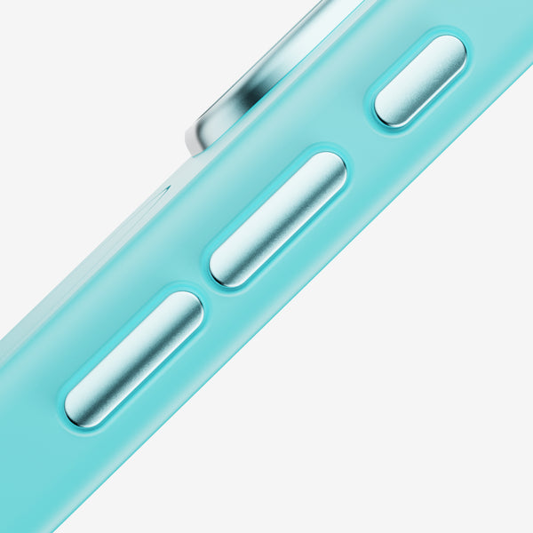 Close-up of a turquoise snap case showing metallic volume buttons and a textured surface.