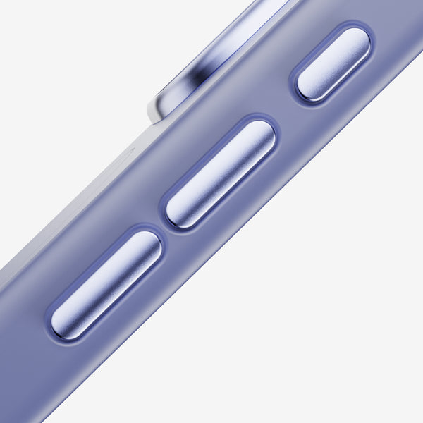 Close-up of a purple snap case showing volume buttons and a textured surface.