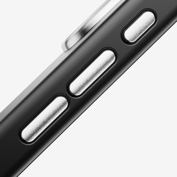 Close-up of a black snap case showing metallic volume buttons and a silver side button.