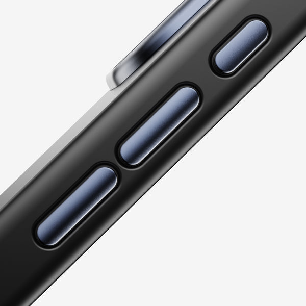 Close-up of a black snap case showing two blue buttons and a silver button on the side.