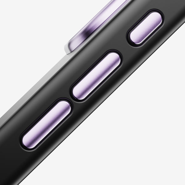 Close-up of a black phone case featuring purple volume and power buttons.