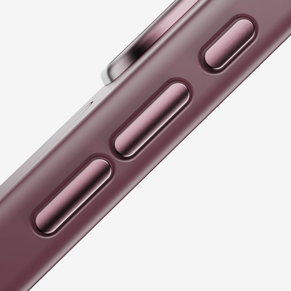 Close-up of a phone case showing volume buttons and a textured surface in a burgundy color.