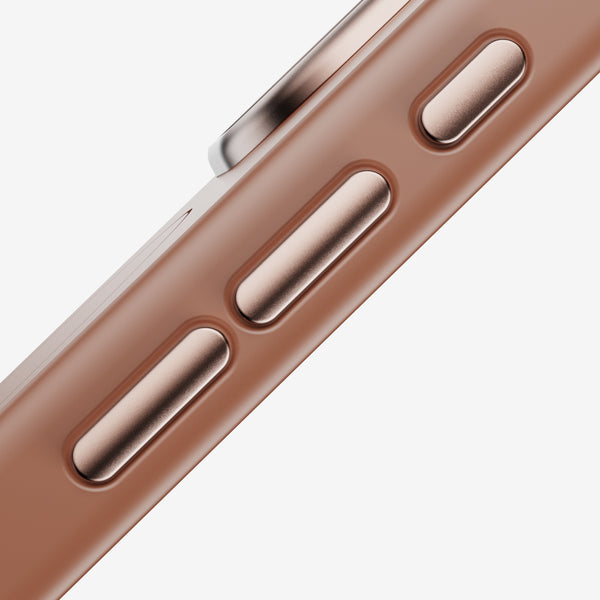 Close-up of a brown snap case showing volume and power buttons with metallic accents.