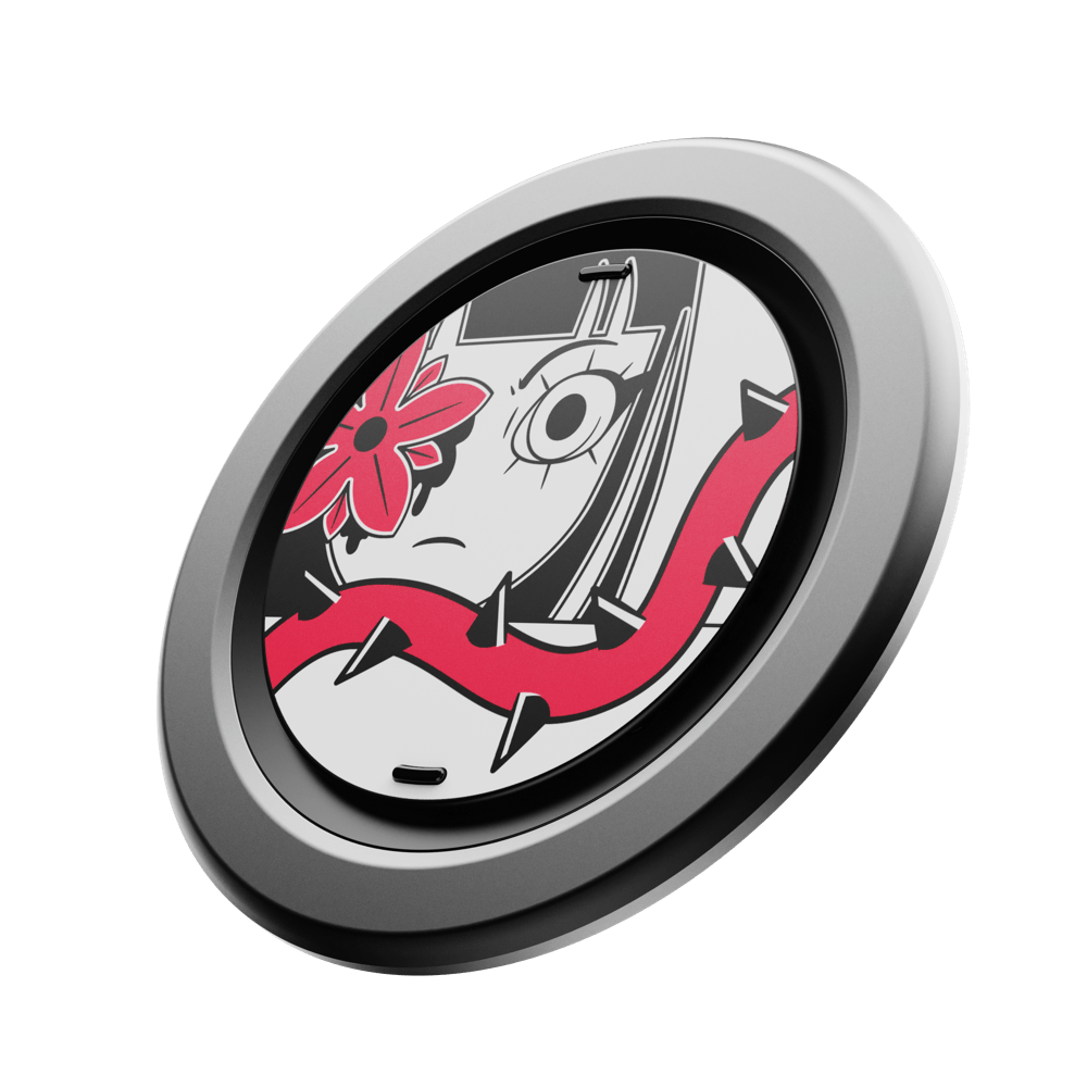 Circular phone grip featuring a design with a face, a red flower, and a red snake-like element.
