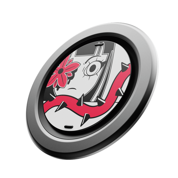 Circular phone grip featuring a design with a face, a red flower, and a red snake-like element.
