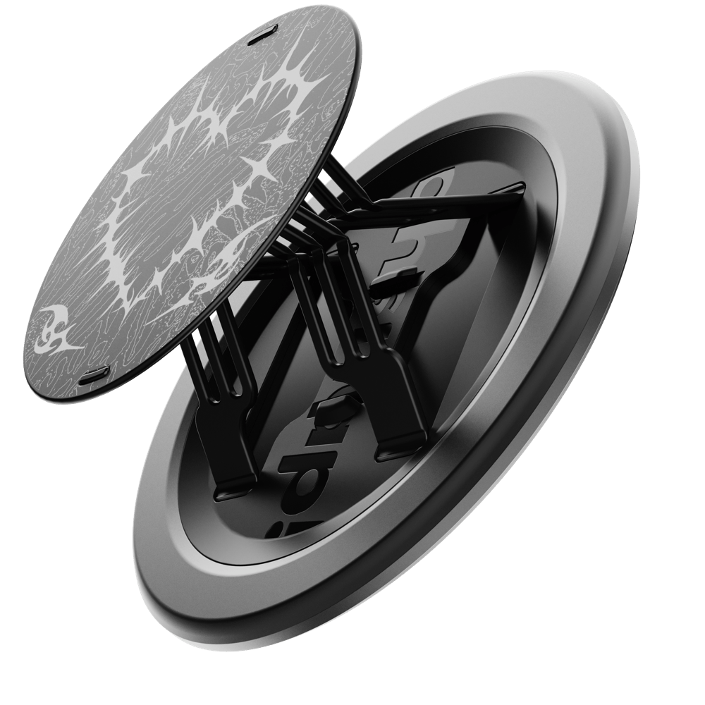 A circular grip accessory with a patterned surface and a black base, featuring retractable support arms.