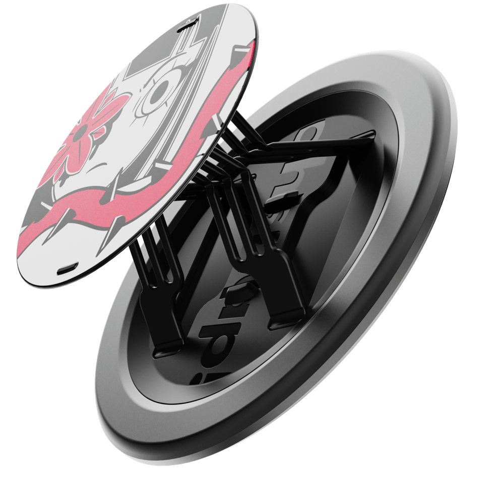 A circular phone grip with a floral design and a black base, featuring expandable arms for secure holding.