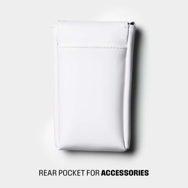 White travel sleeve with a rear pocket for accessories.