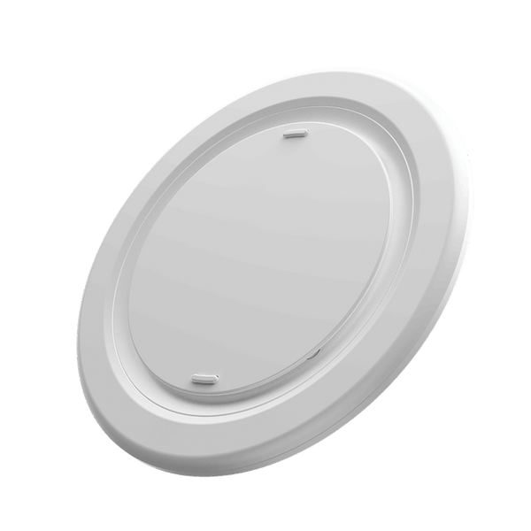 Round, white accessory with a smooth surface and two small attachment points on the back.